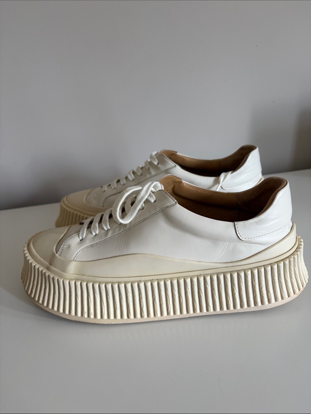 Jil Sander 38 Cream Platform Sneakers - Unisex Leather Lace-Ups fit like a 39 - Picture 5 of 6